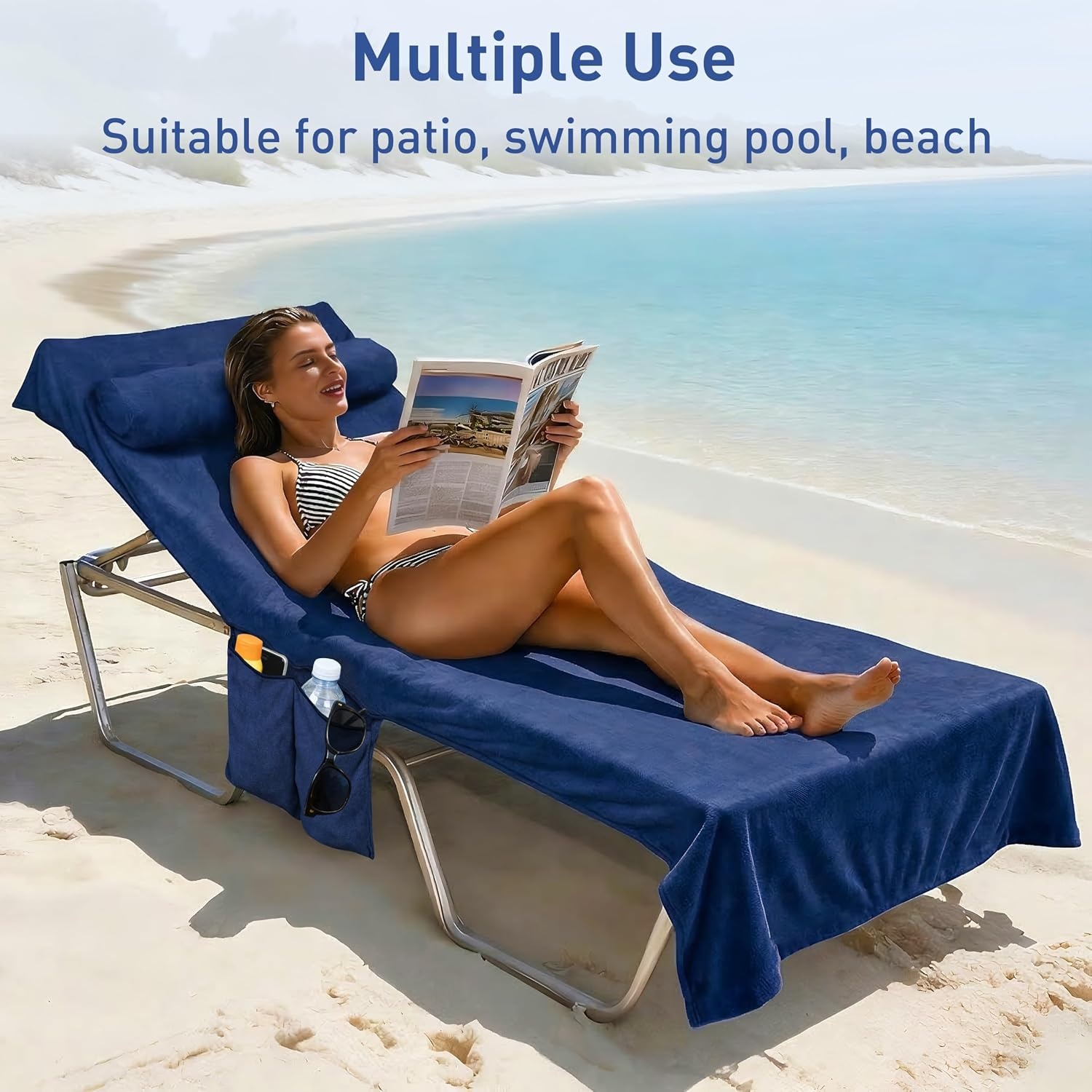 image:imageCatalonia Lounge Chair Towel Cover with Pillowcase Pocket Large Quick Dry Beach Chair Covers No Sliding Chaise Cover TowelNavy