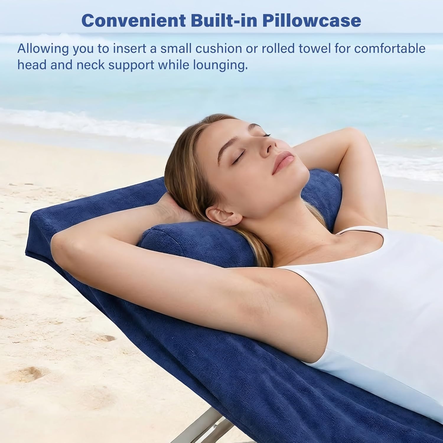 image:imageCatalonia Lounge Chair Towel Cover with Pillowcase Pocket Large Quick Dry Beach Chair Covers No Sliding Chaise Cover TowelNavy