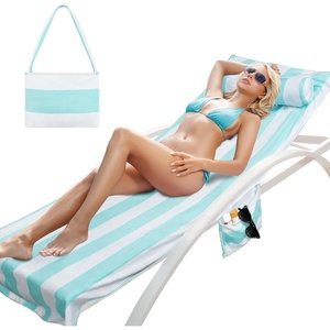 Catalonia Lounge Chair Towel Cover with Pillowcase Pocket, Large Quick Dry Beach Chair Covers, No Sliding Chaise Cover Towel(Mint Green Stripe)
