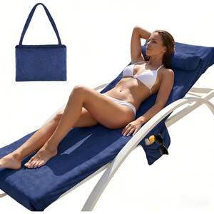 Catalonia Lounge Chair Towel Cover with Pillowcase Pocket, Large Quick Dry Beach Chair Covers, No Sliding Chaise Cover Towel(Navy)