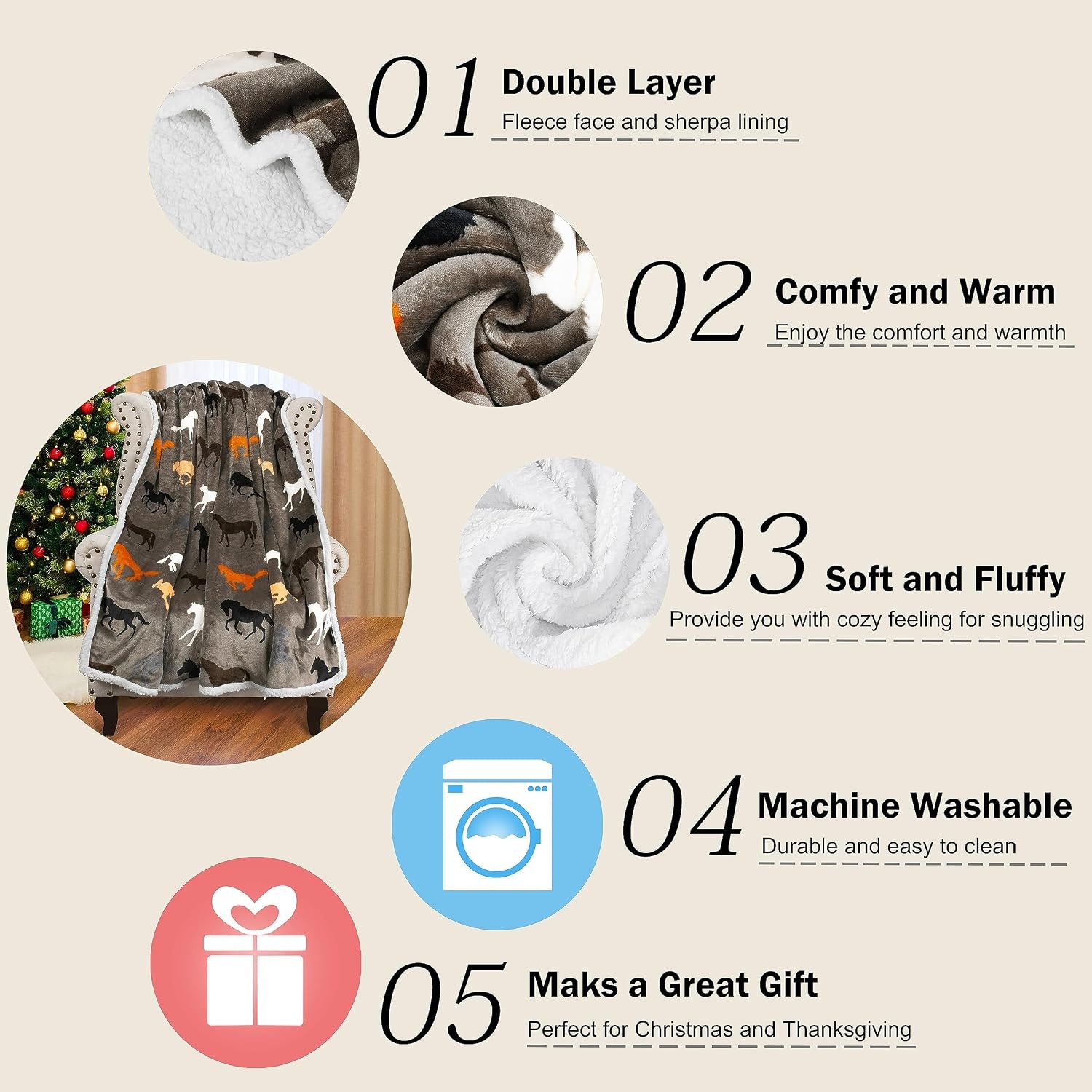 image:imageCatalonia Cat Print Sherpa Fleece Throw Blanket Soft Mink Plush Couch Blanket Fuzzy Fluffy Comfy Warm Throws Gift for Her Cat Gifts for Women 50x60 inchesHorse