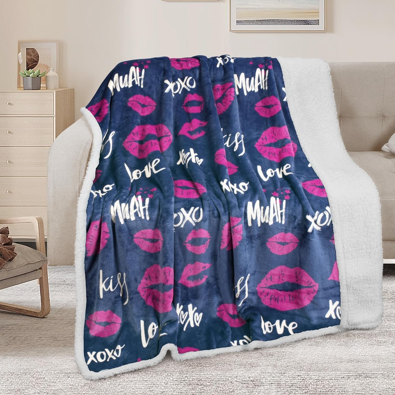 image:imageCatalonia Cat Print Sherpa Fleece Throw Blanket Soft Mink Plush Couch Blanket Fuzzy Fluffy Comfy Warm Throws Gift for Her Cat Gifts for Women 50x60 inchesKiss Blue