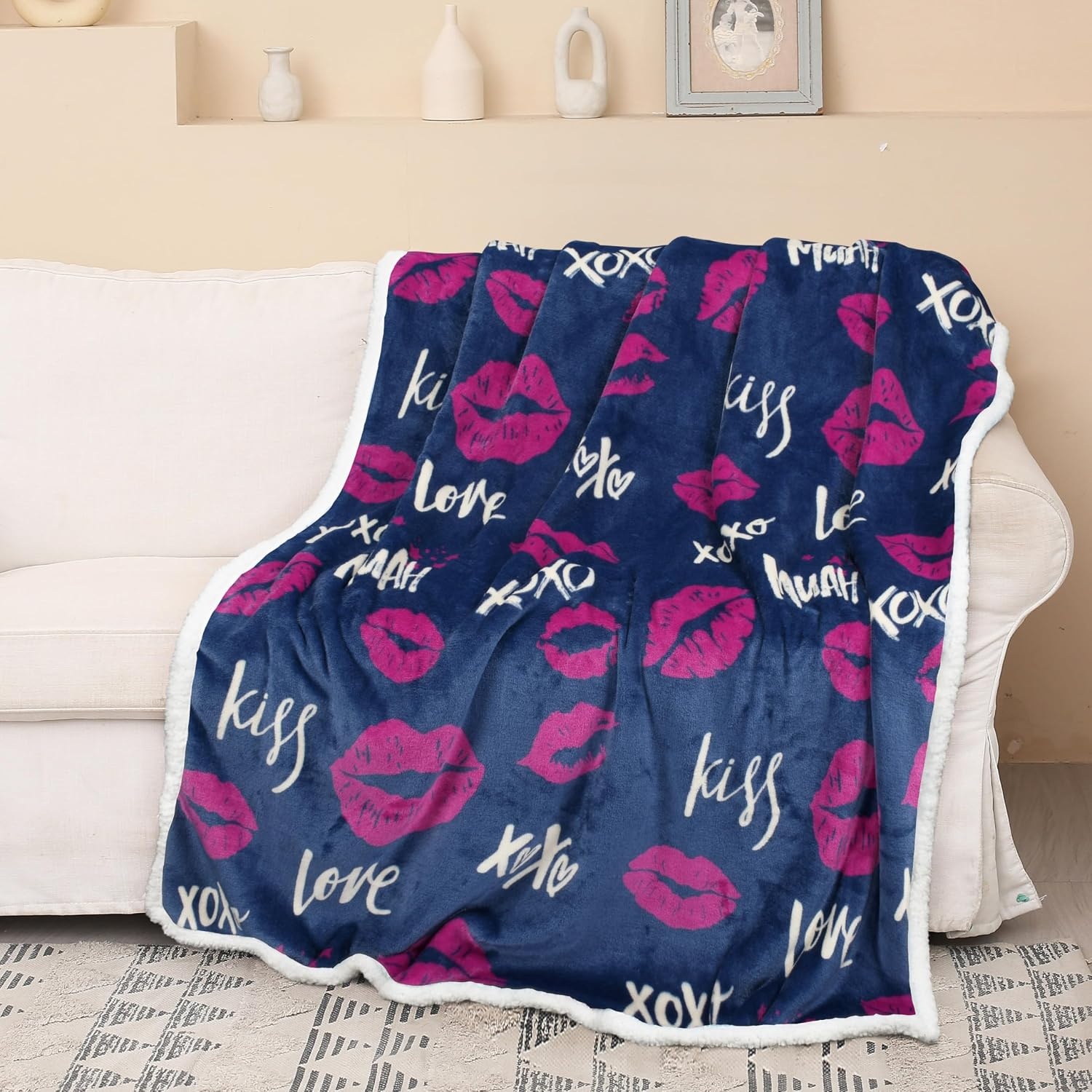 image:imageCatalonia Cat Print Sherpa Fleece Throw Blanket Soft Mink Plush Couch Blanket Fuzzy Fluffy Comfy Warm Throws Gift for Her Cat Gifts for Women 50x60 inchesKiss Blue