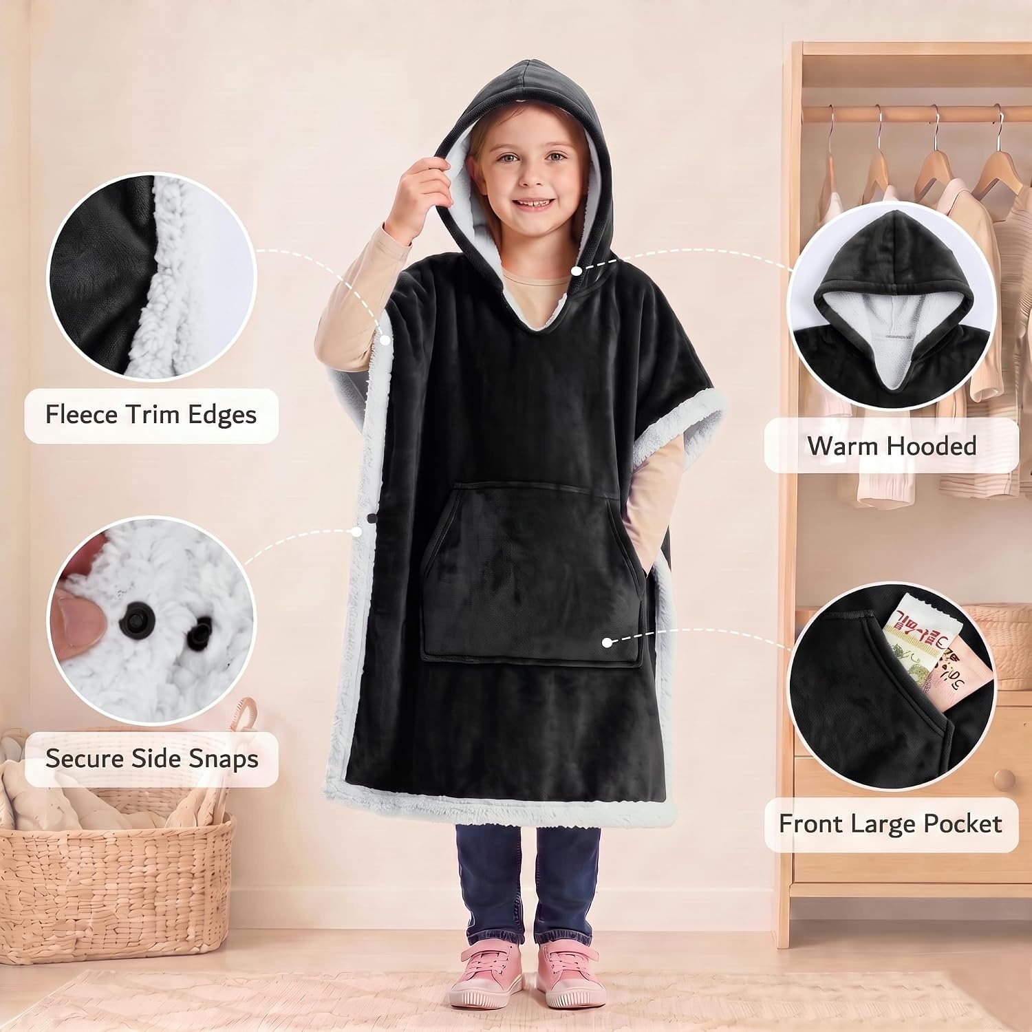image:imageCatalonia Kids Hooded Blanket SherpaLined Wearable Poncho with PocketBlack