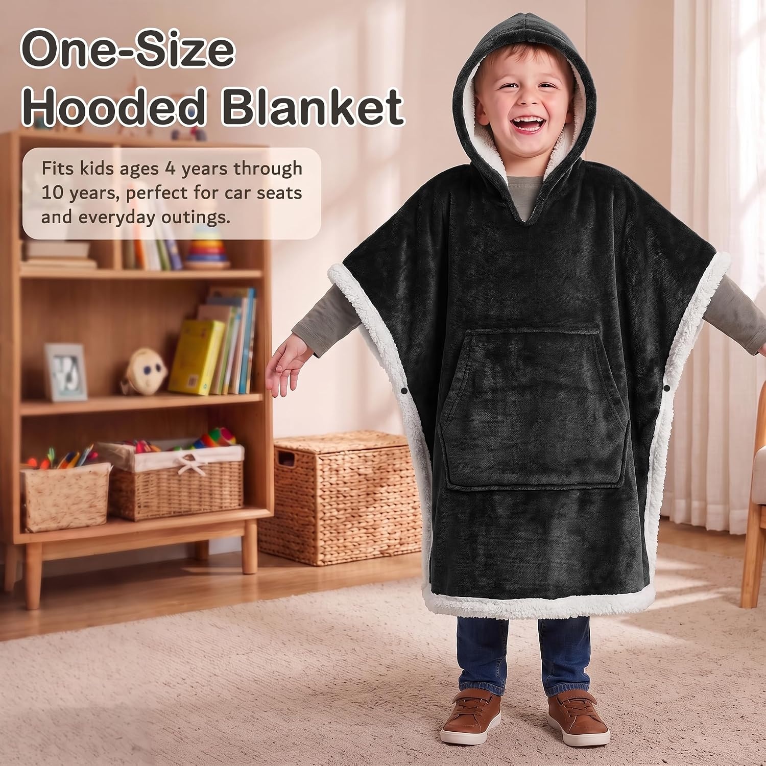 image:imageCatalonia Kids Hooded Blanket SherpaLined Wearable Poncho with PocketBlack