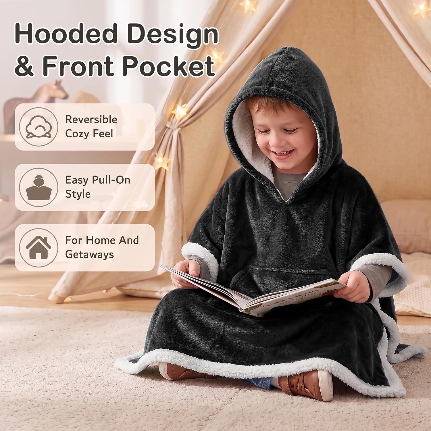 image:imageCatalonia Kids Hooded Blanket SherpaLined Wearable Poncho with PocketBlack