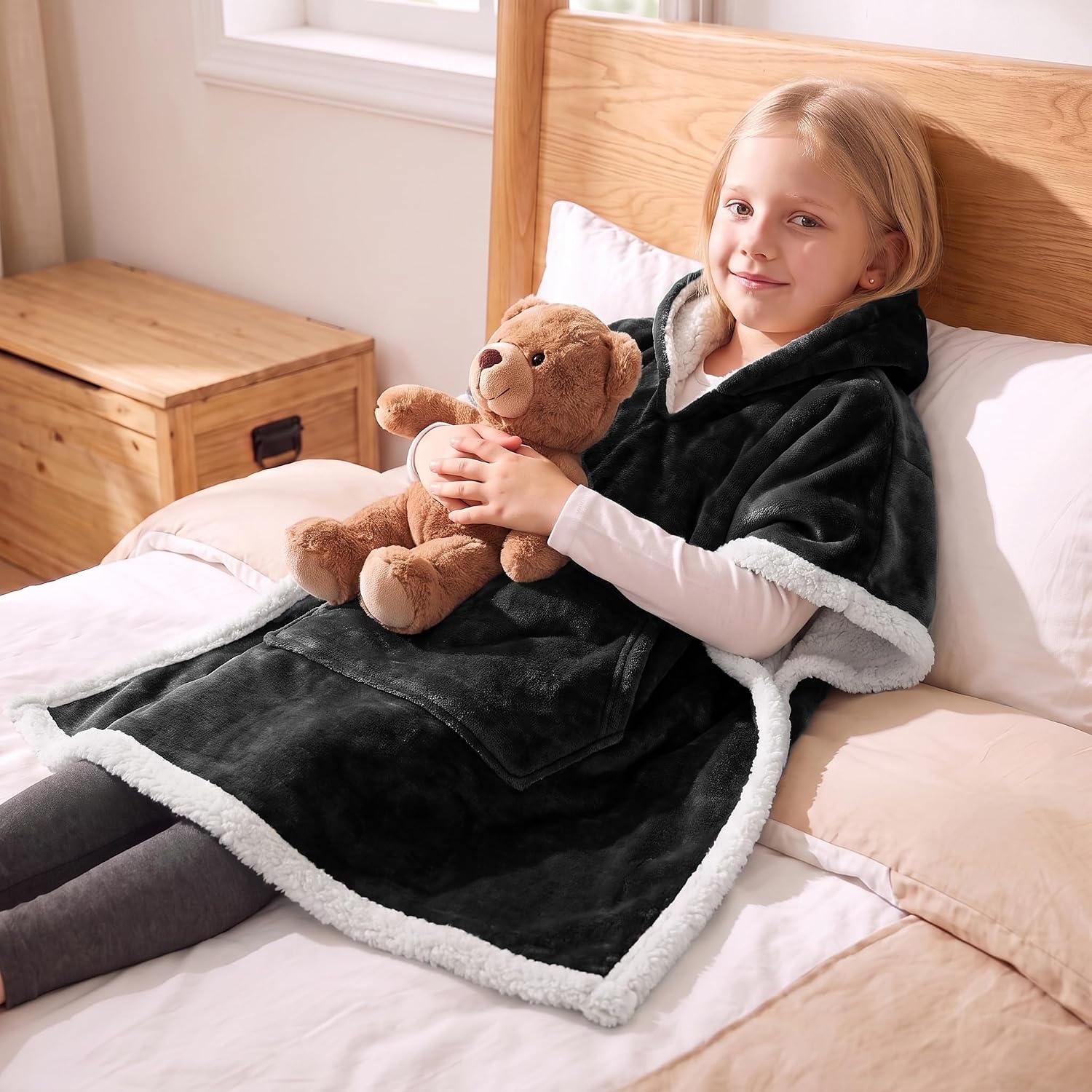 image:imageCatalonia Kids Hooded Blanket SherpaLined Wearable Poncho with PocketBlack