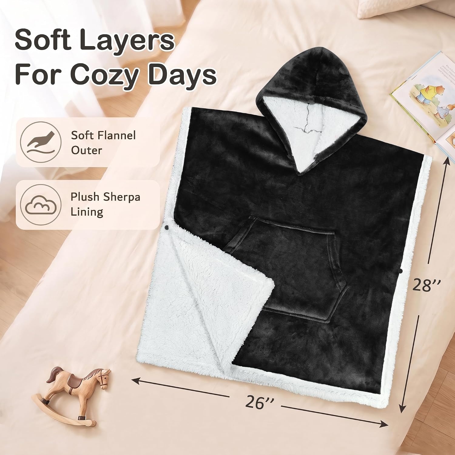 image:imageCatalonia Kids Hooded Blanket SherpaLined Wearable Poncho with PocketBlack