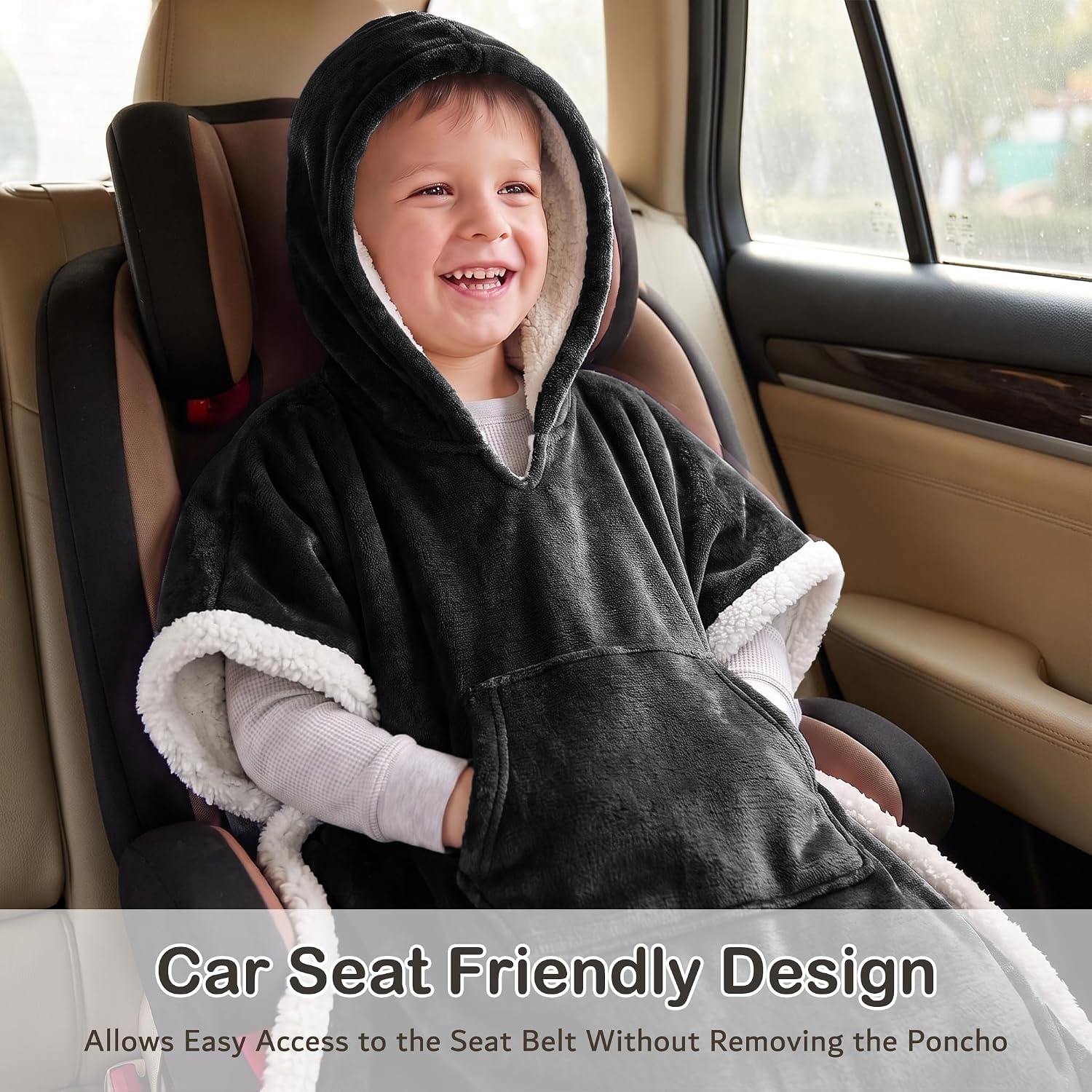 image:imageCatalonia Kids Hooded Blanket SherpaLined Wearable Poncho with PocketBlack