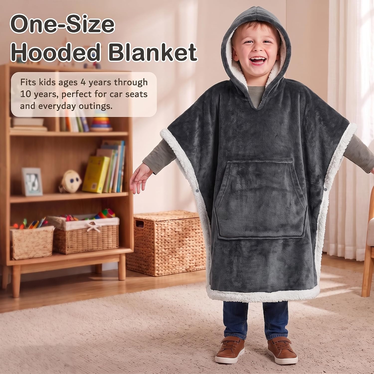 image:imageCatalonia Kids Hooded Blanket SherpaLined Wearable Poncho with PocketGrey