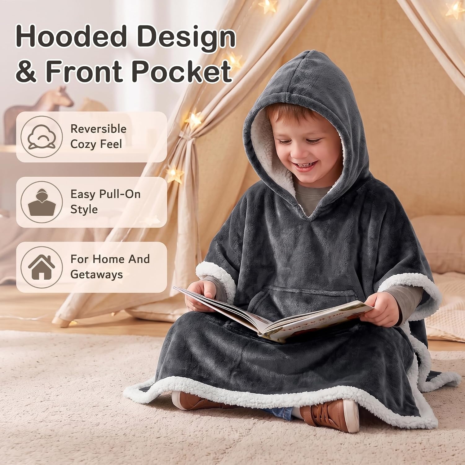image:imageCatalonia Kids Hooded Blanket SherpaLined Wearable Poncho with PocketGrey