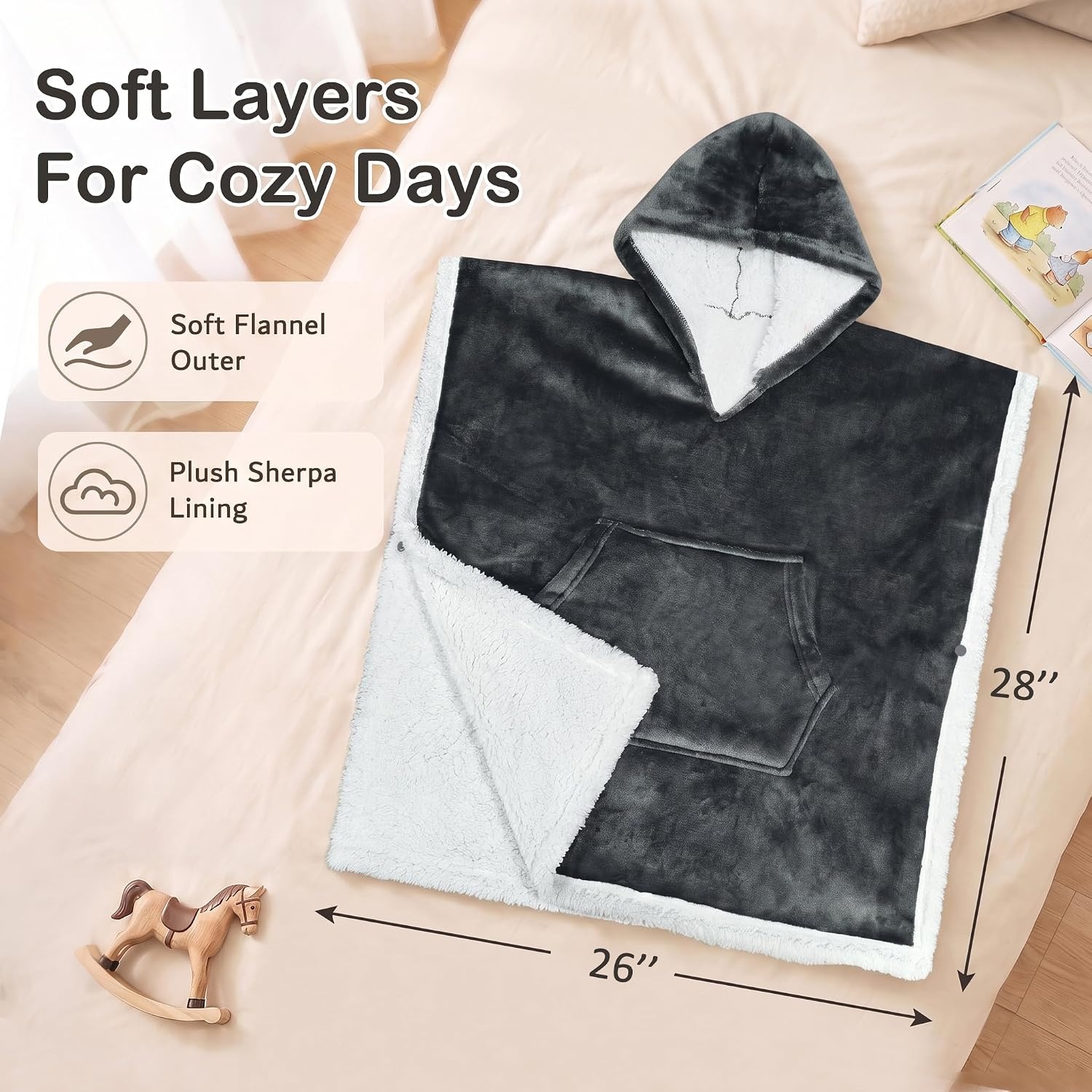 image:imageCatalonia Kids Hooded Blanket SherpaLined Wearable Poncho with PocketGrey