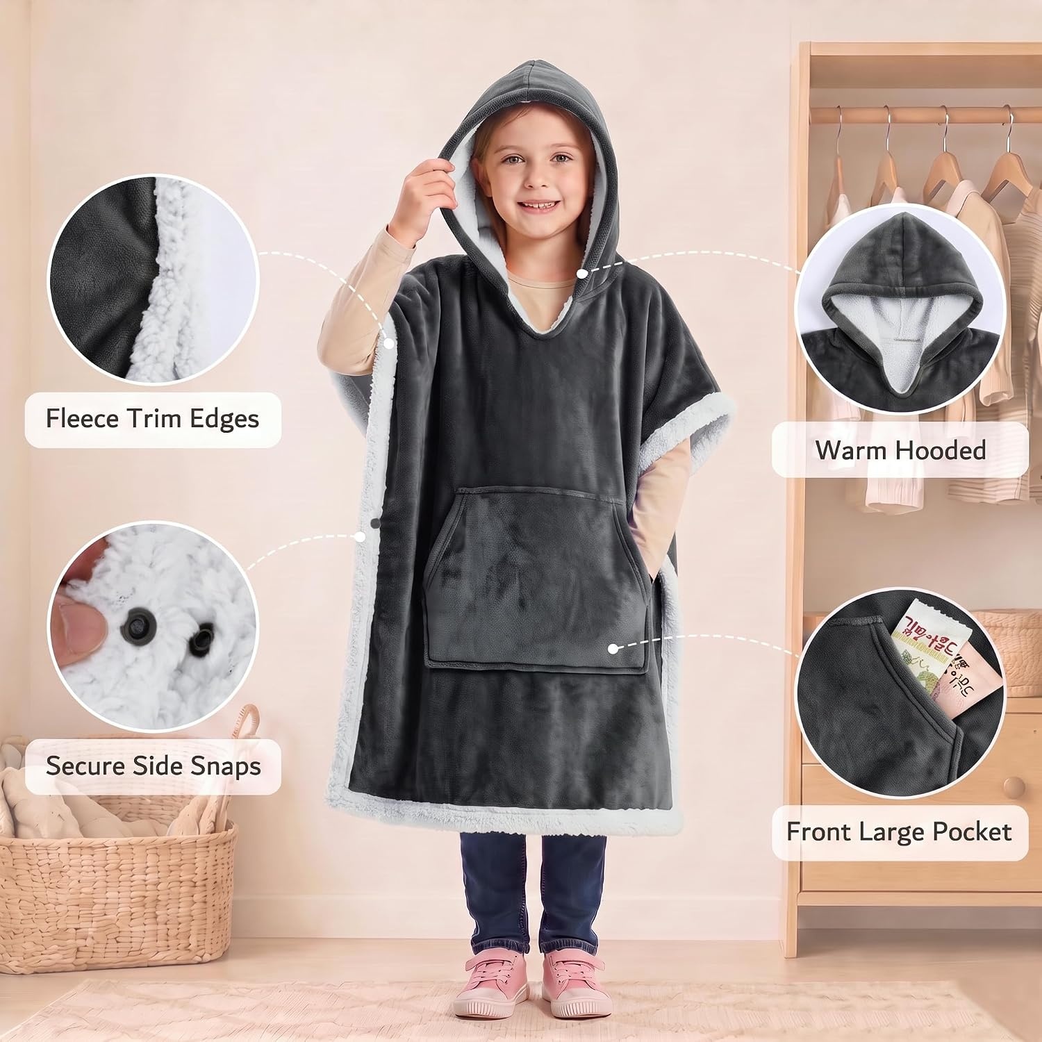 image:imageCatalonia Kids Hooded Blanket SherpaLined Wearable Poncho with PocketGrey