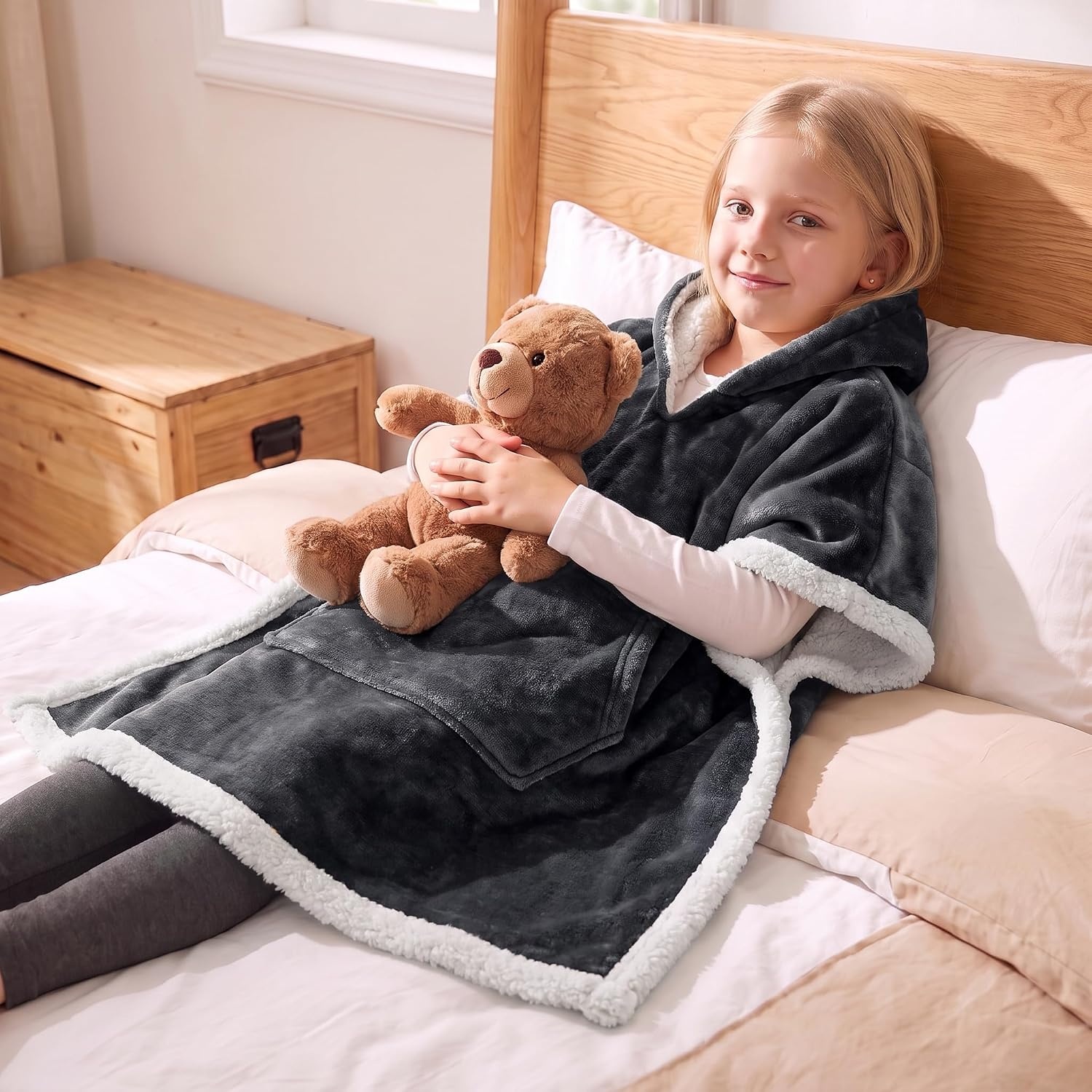 image:imageCatalonia Kids Hooded Blanket SherpaLined Wearable Poncho with PocketGrey