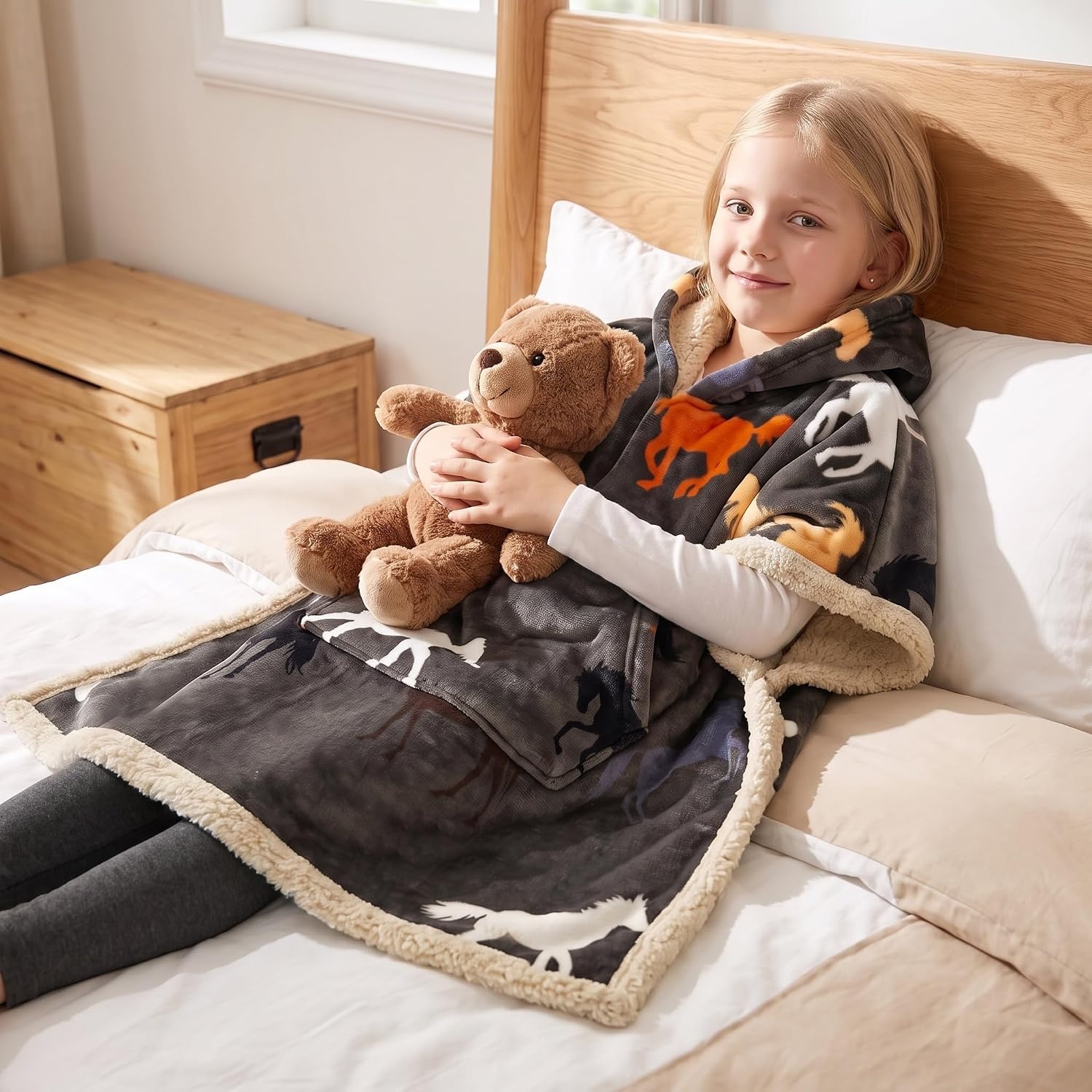 image:imageCatalonia Kids Hooded Blanket SherpaLined Wearable Poncho with PocketHorse