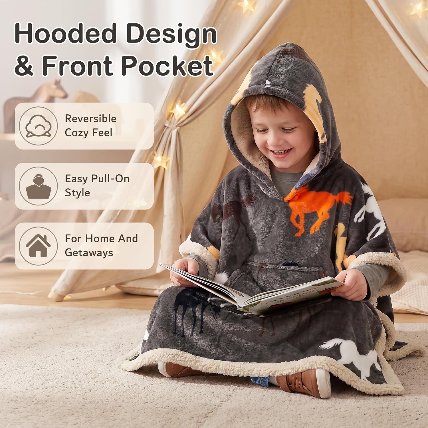 image:imageCatalonia Kids Hooded Blanket SherpaLined Wearable Poncho with PocketHorse