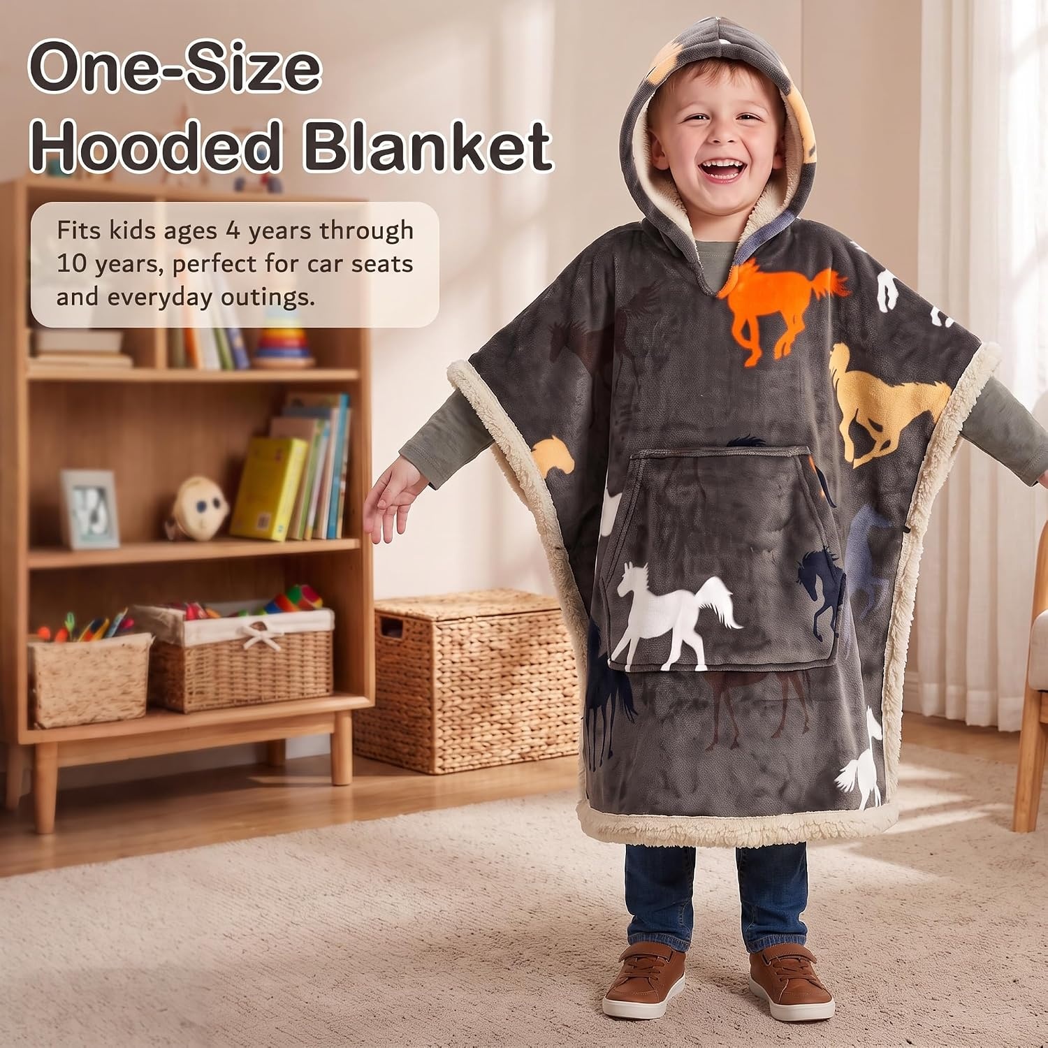 image:imageCatalonia Kids Hooded Blanket SherpaLined Wearable Poncho with PocketHorse
