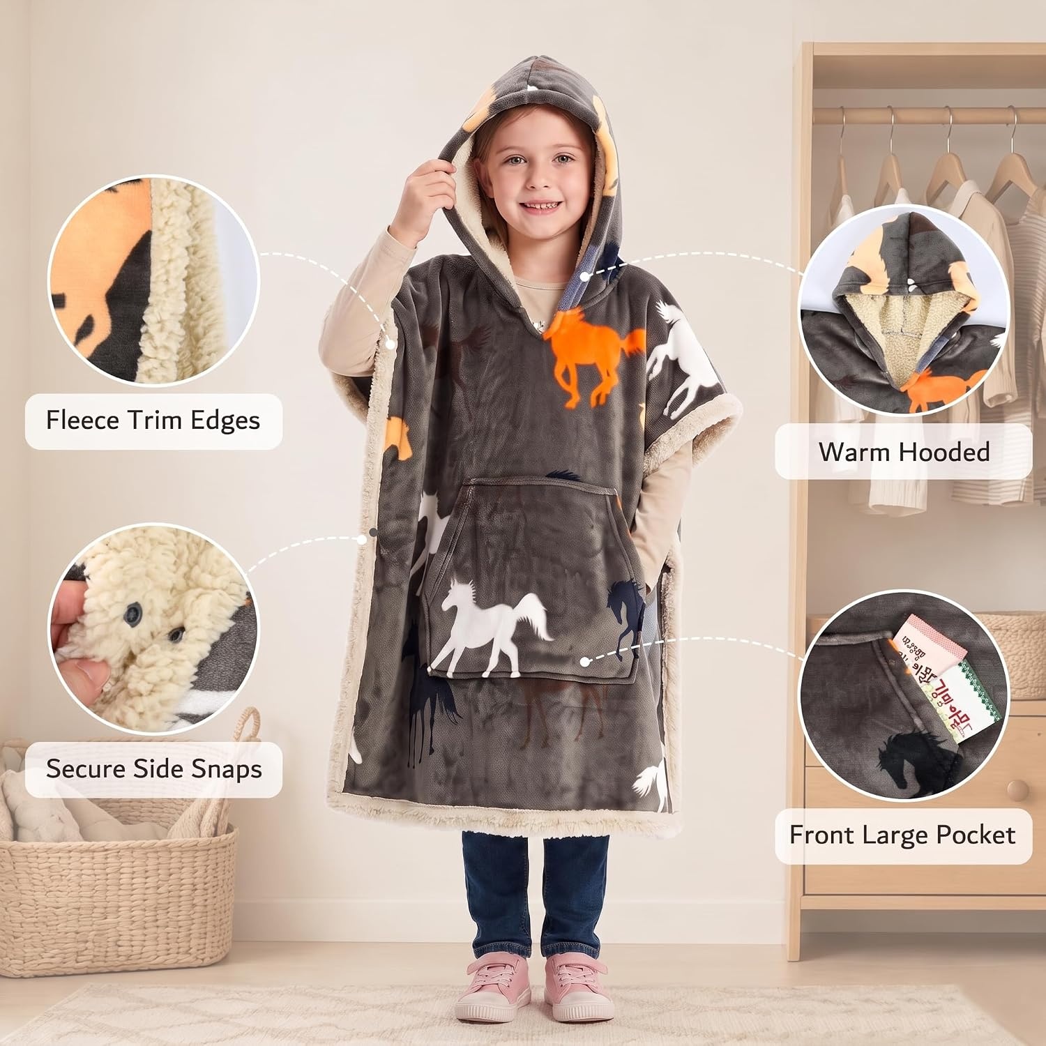 image:imageCatalonia Kids Hooded Blanket SherpaLined Wearable Poncho with PocketHorse