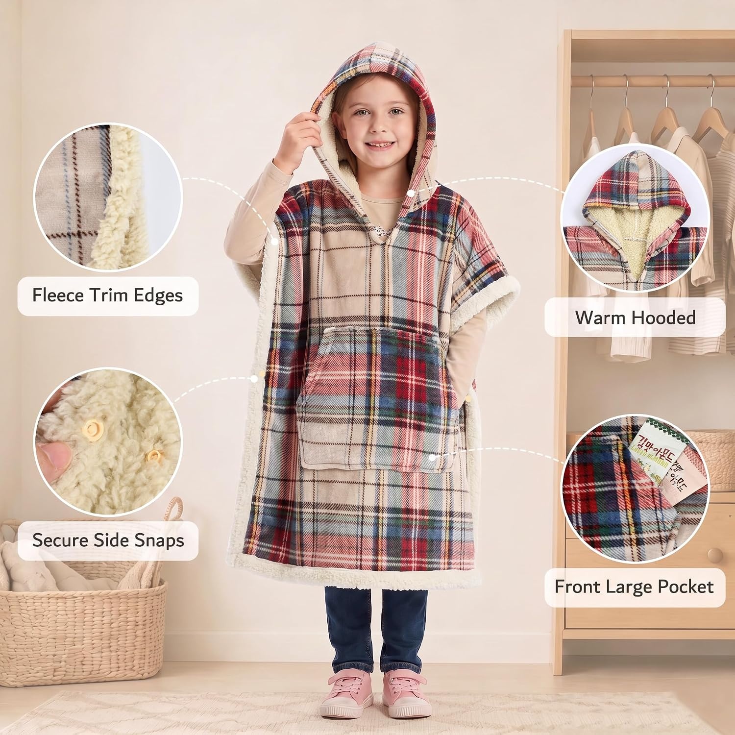 image:imageCatalonia Kids Hooded Blanket SherpaLined Wearable Poncho with PocketPlaid Beige