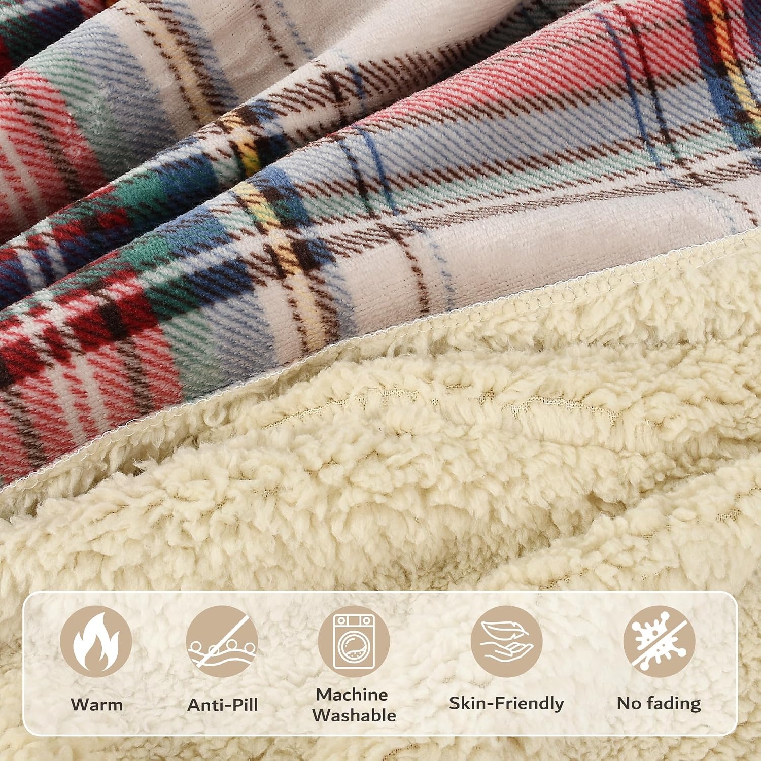 image:imageCatalonia Kids Hooded Blanket SherpaLined Wearable Poncho with PocketPlaid Beige