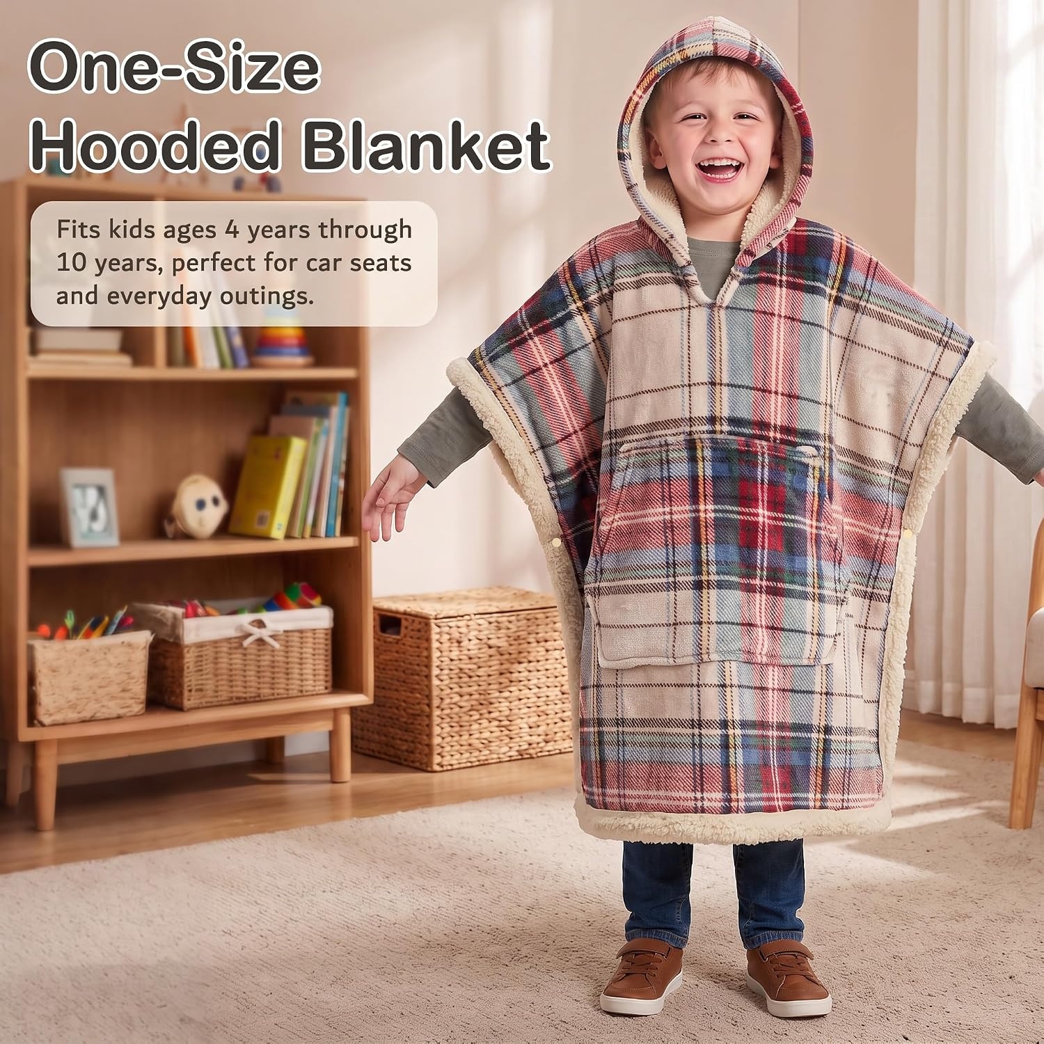 image:imageCatalonia Kids Hooded Blanket SherpaLined Wearable Poncho with PocketPlaid Beige