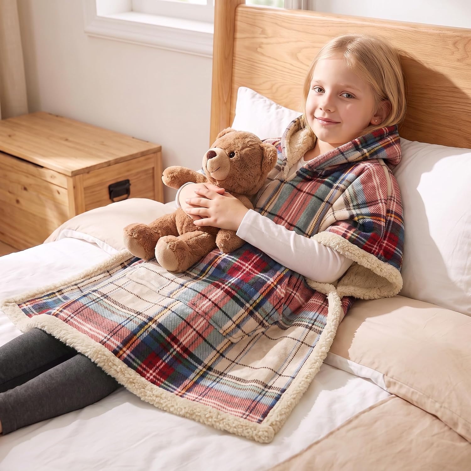 image:imageCatalonia Kids Hooded Blanket SherpaLined Wearable Poncho with PocketPlaid Beige