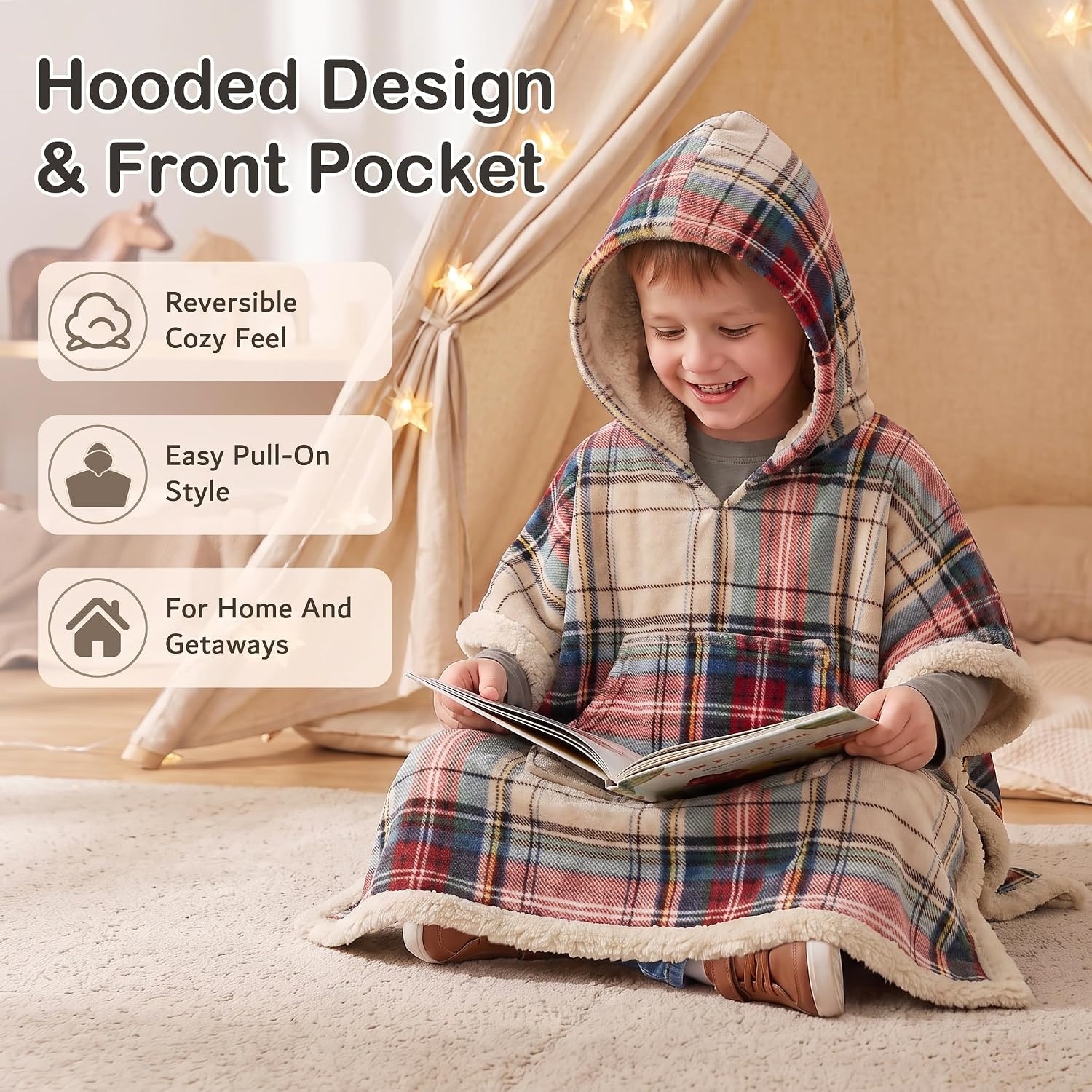 image:imageCatalonia Kids Hooded Blanket SherpaLined Wearable Poncho with PocketPlaid Beige
