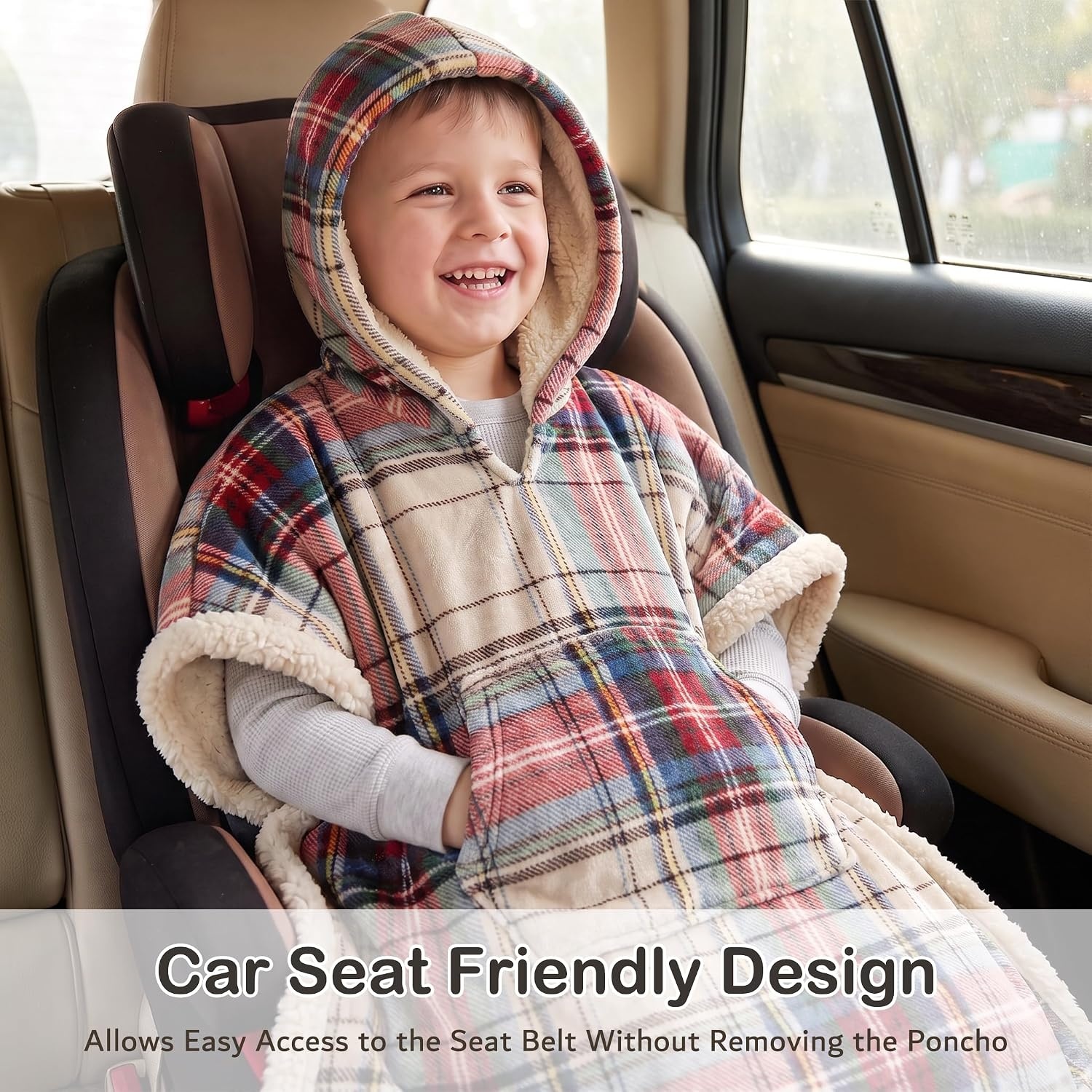 image:imageCatalonia Kids Hooded Blanket SherpaLined Wearable Poncho with PocketPlaid Beige