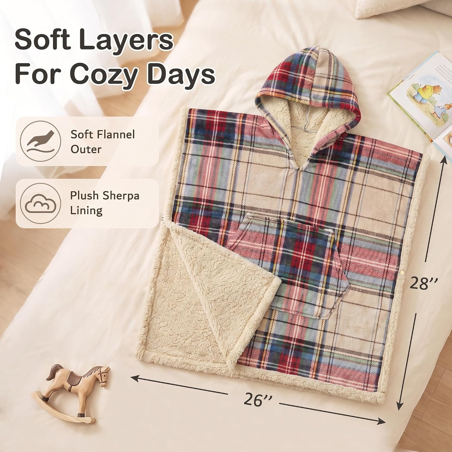 image:imageCatalonia Kids Hooded Blanket SherpaLined Wearable Poncho with PocketPlaid Beige