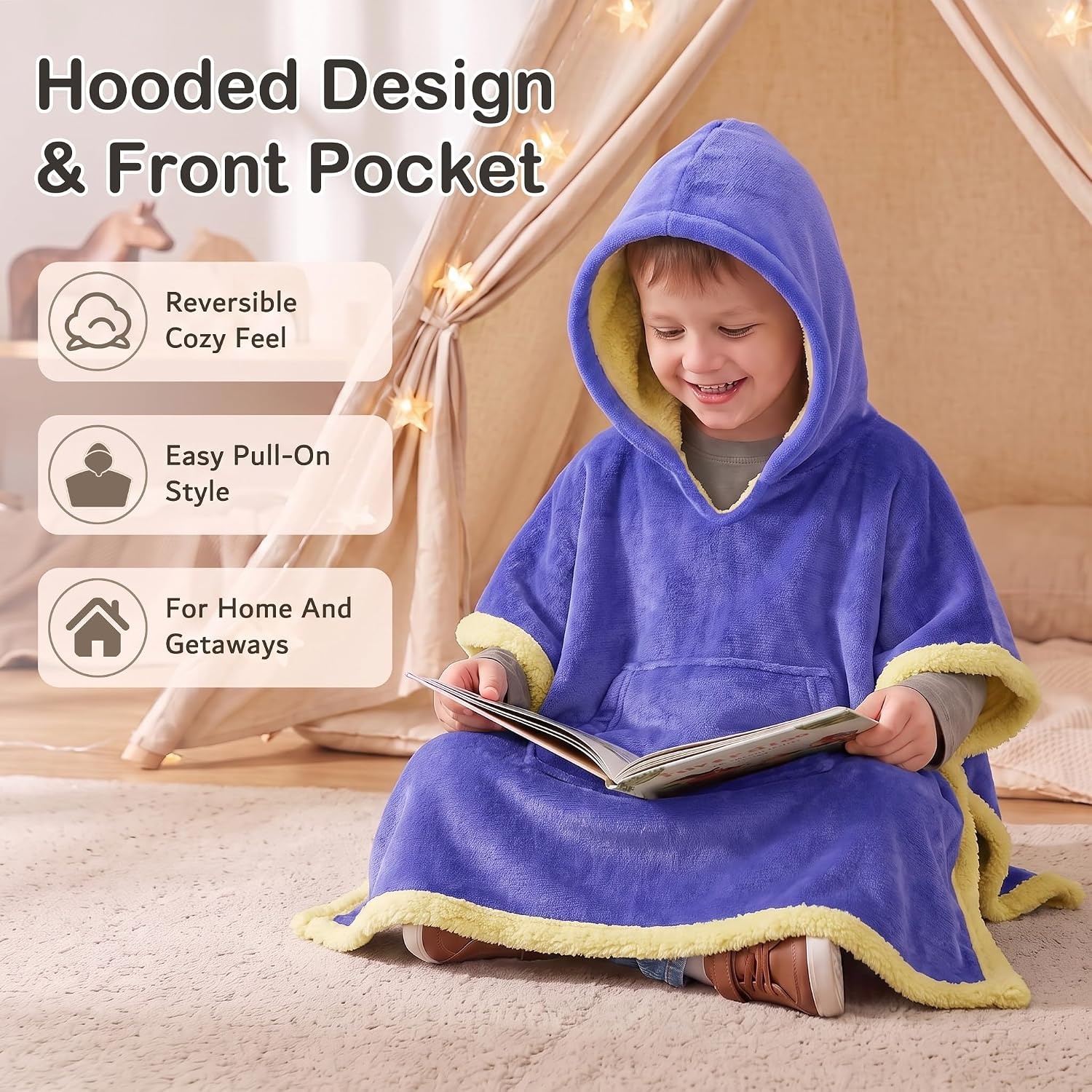 image:imageCatalonia Kids Hooded Blanket SherpaLined Wearable Poncho with PocketPurple
