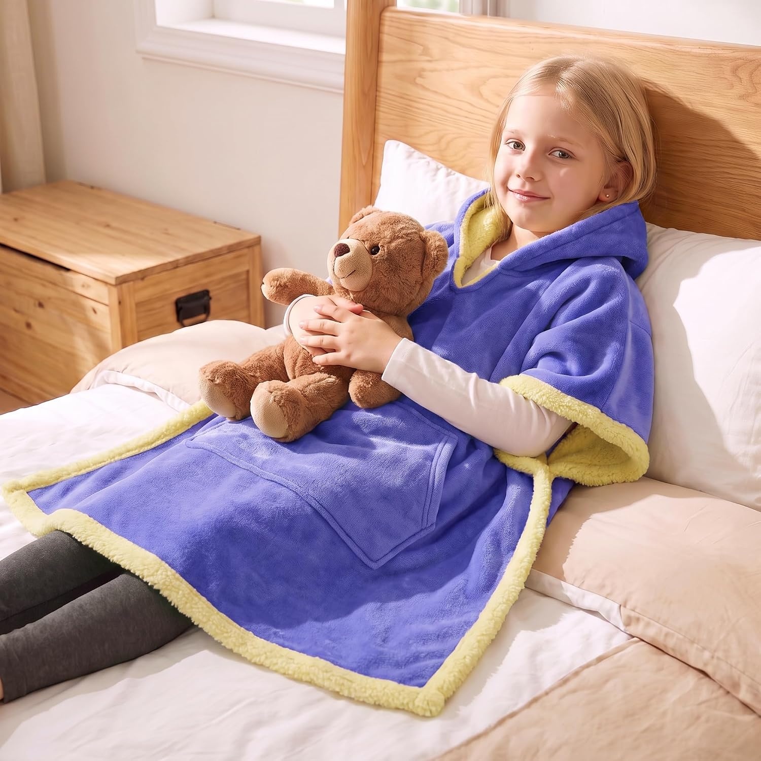 image:imageCatalonia Kids Hooded Blanket SherpaLined Wearable Poncho with PocketPurple