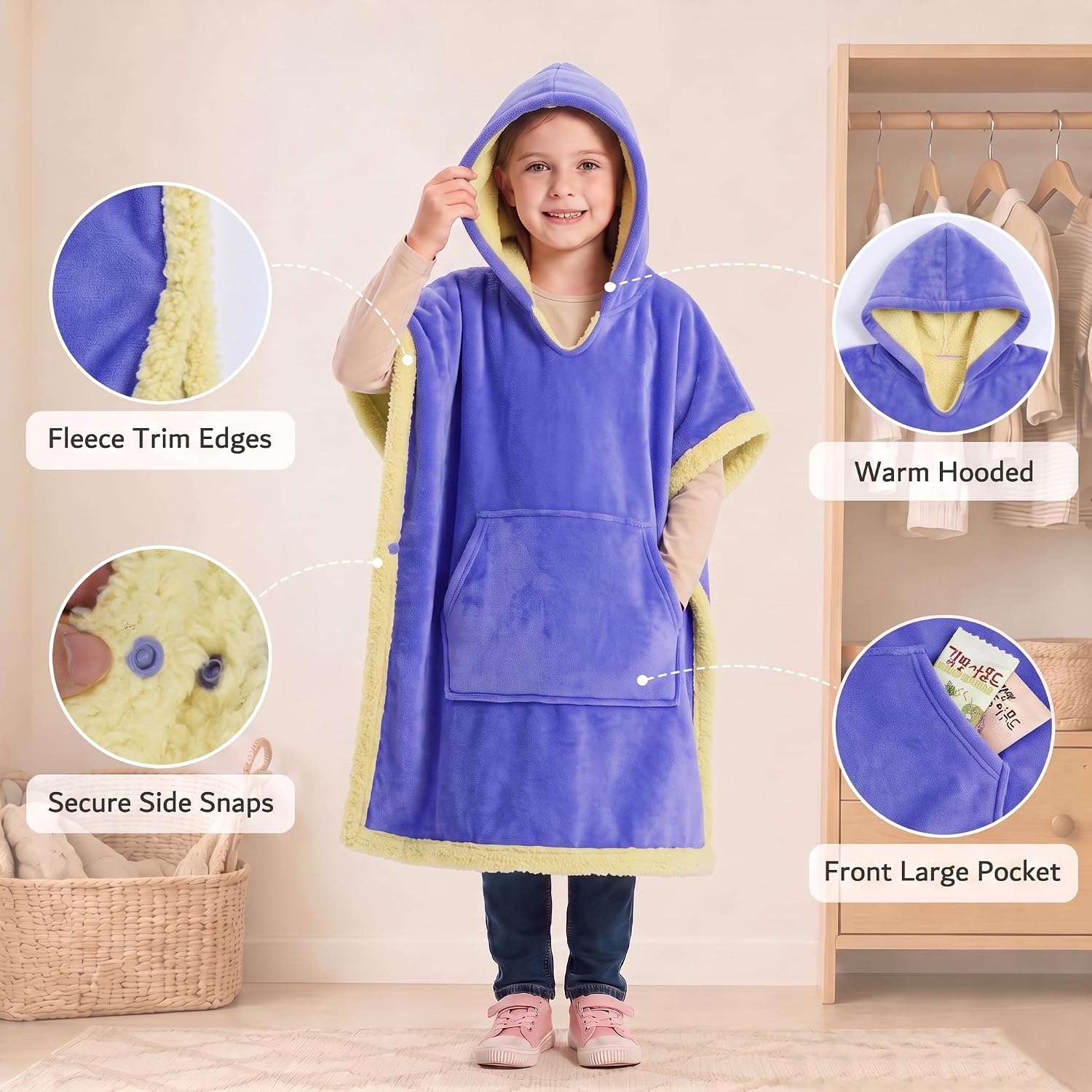 image:imageCatalonia Kids Hooded Blanket SherpaLined Wearable Poncho with PocketPurple