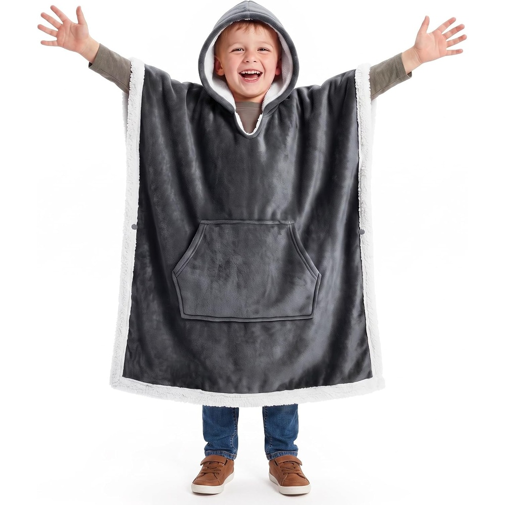 image:imageCatalonia Kids Hooded Blanket SherpaLined Wearable Poncho with PocketGrey