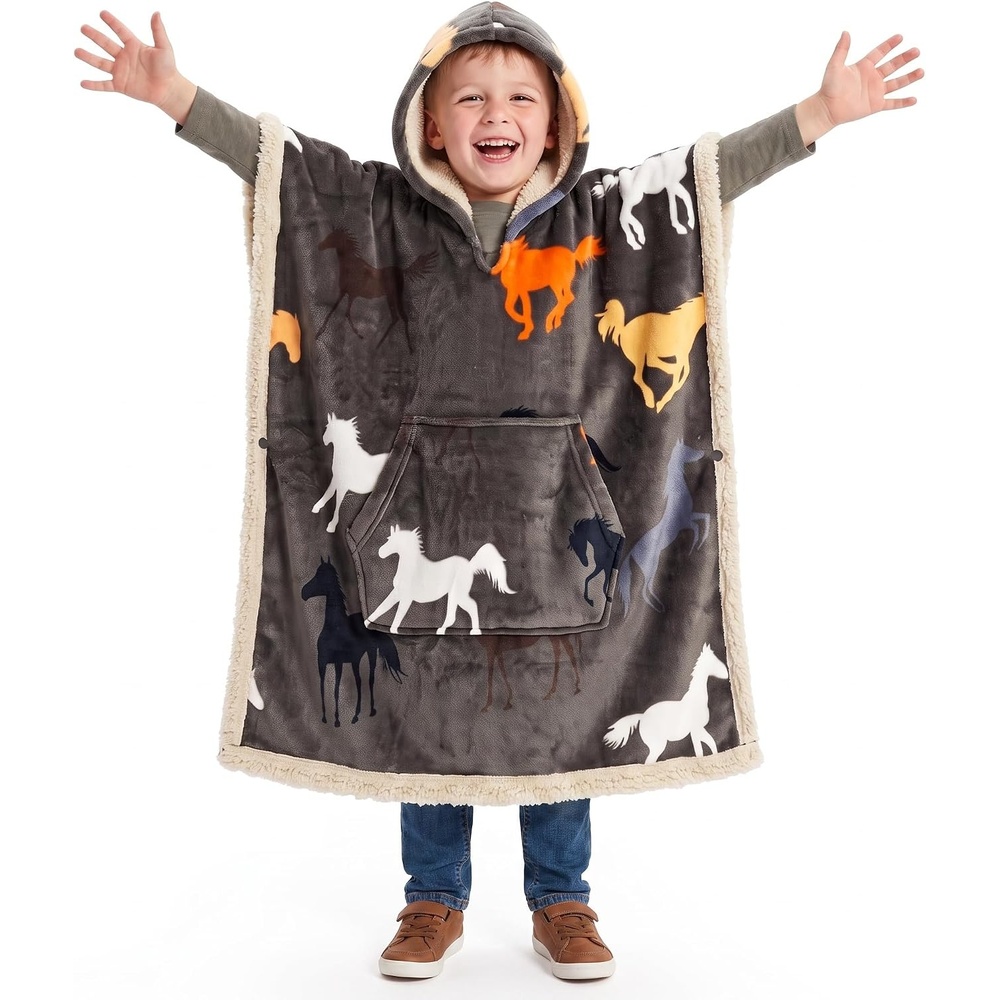 image:imageCatalonia Kids Hooded Blanket SherpaLined Wearable Poncho with PocketHorse