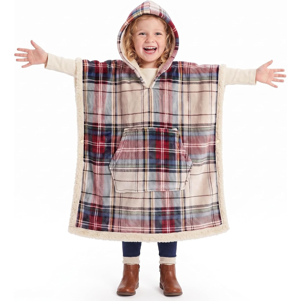 image:imageCatalonia Kids Hooded Blanket SherpaLined Wearable Poncho with PocketPlaid Beige