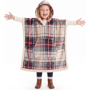Catalonia Kids Hooded Blanket, Sherpa-Lined Wearable Poncho with Pocket(Plaid Beige)